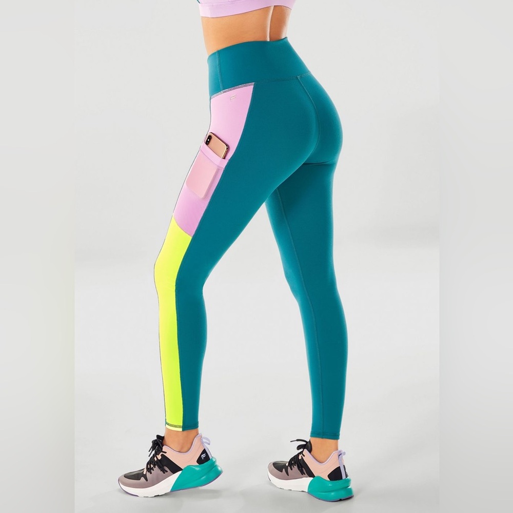 Fabletics Powerhold Leggings Paradise Cove/Neon/Aster Purple size Small